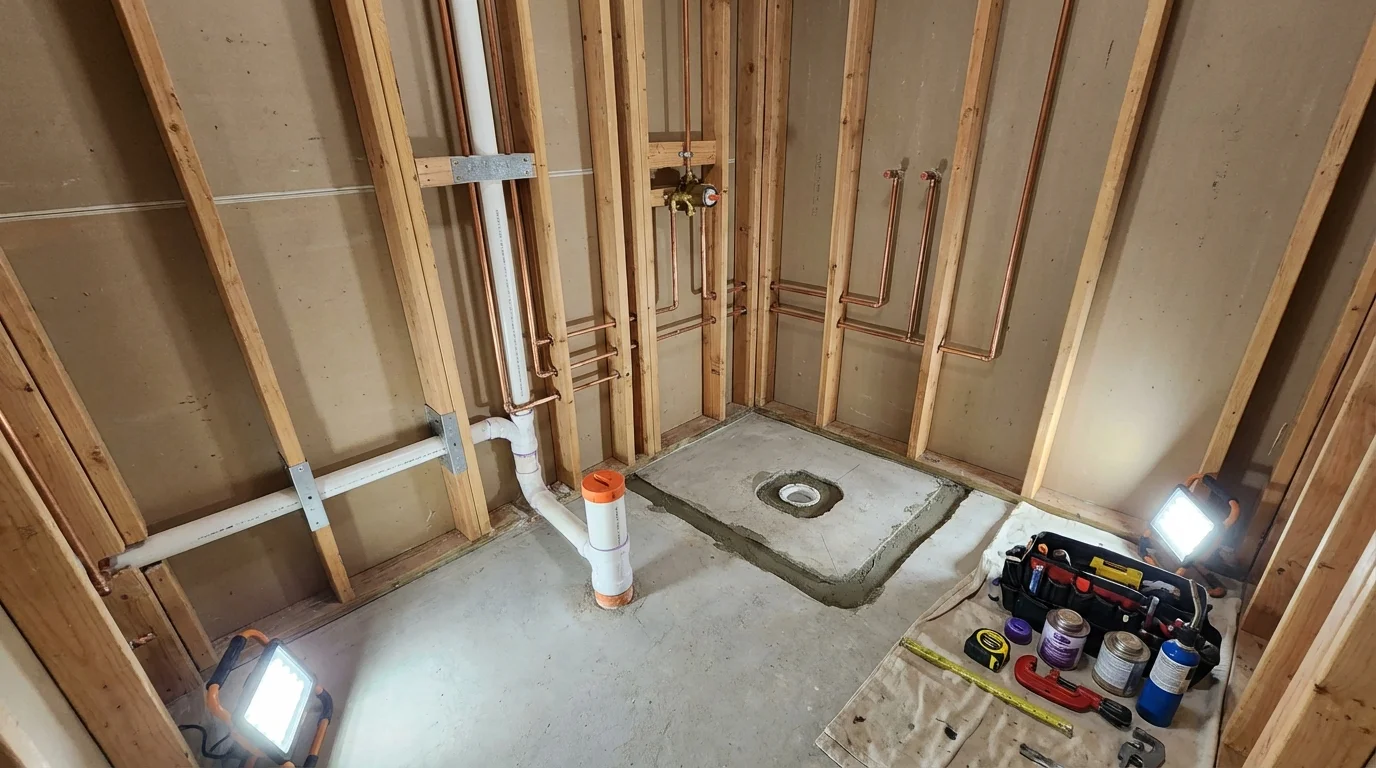 Bathroom rough-in plumbing during remodel by Johns Plumbing LLC in Parkville