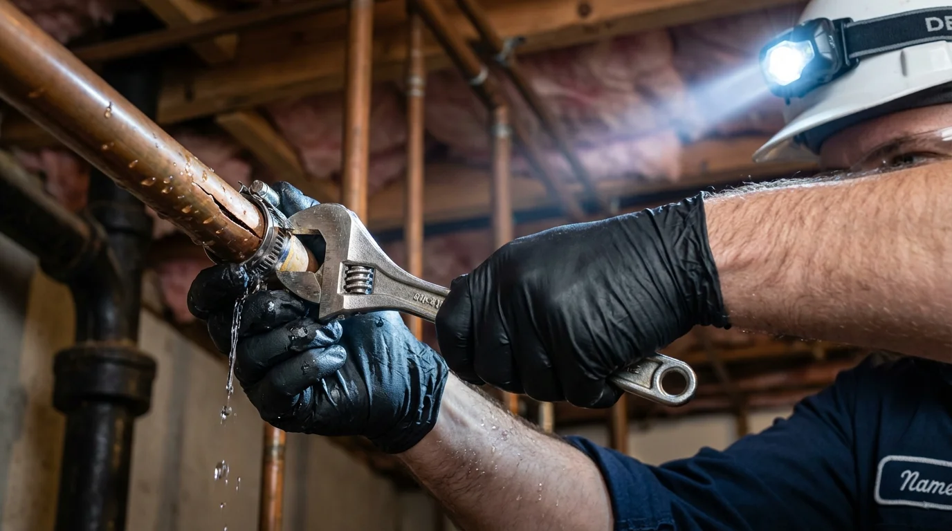 Emergency pipe clamp repair being performed by a Johns Plumbing LLC plumber in Parkville
