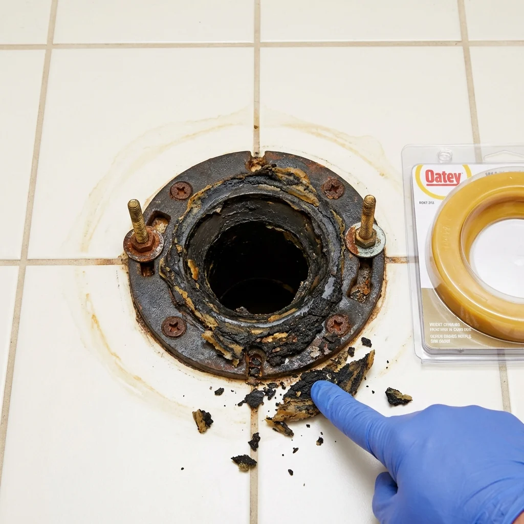 Failed wax ring showing water seepage at the base of a toilet in a Parkville, MD home