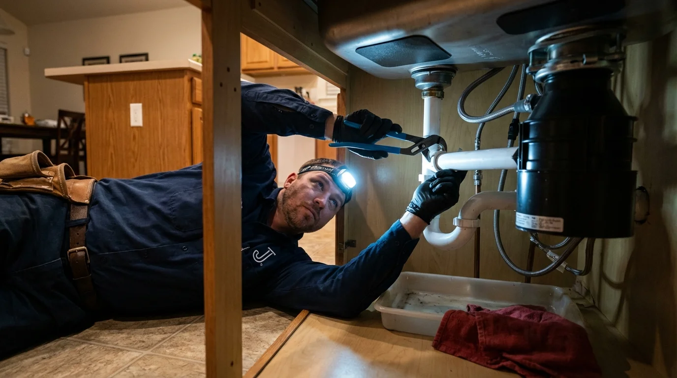 P-trap and supply line connections under a kitchen sink showing a common leak point in Parkville, MD